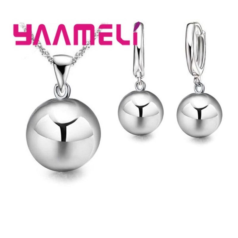 Jewelry Sets for Wedding Engagement 925 Silver Color 12MM Smooth Ball Round Metal Stone Necklaces Earrings Anniversary: Silver Plated