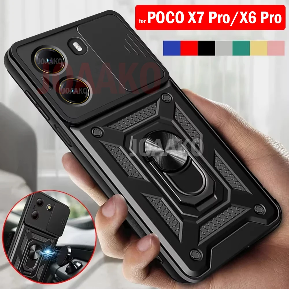 Funda For POCO X7 Pro / X6 Pro 5G Case Armor Slide Camera Lens Protection Cover for Xiaomi POCO X6 5G Ring Stand Shockproof Capa