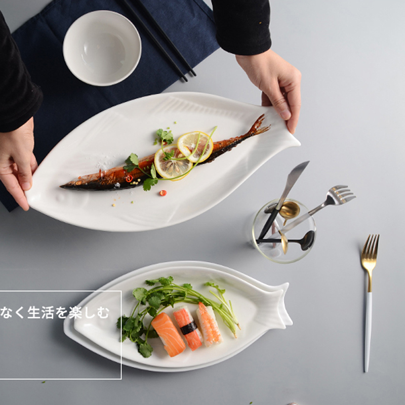 Pure white ceramic fish plate, fish-shaped plate, deep dish, household large dish plate, fish plate, tableware, restaurant, Japa