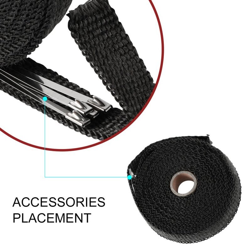 Rollo de cinta térmica de fibra de vidrio para escape de motocicleta, protector térmico para tubo de escape, protección térmica con bridas de acero inoxidable, 5M