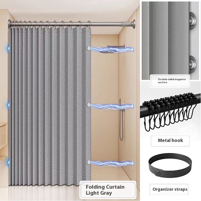 Cortina de ducha de lino plegable para baño con imanes, resistente al agua, adecuada para ducha que no incluye varilla telescópica: 200 x 230 cm / Azul