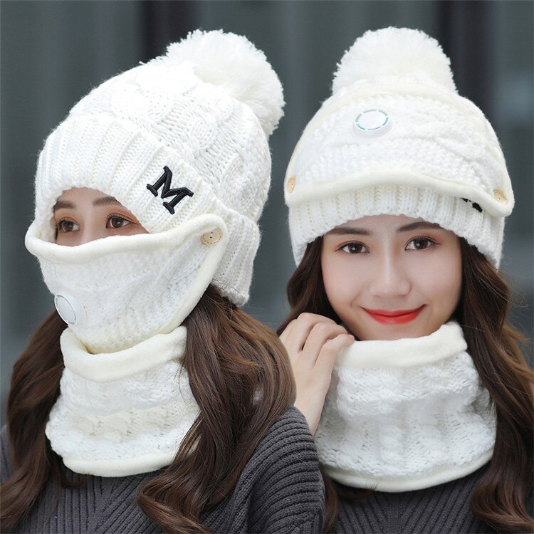 Vinter cykel hat kvinder 3 stykke varme uld beanies skullies hatte med maske krave hagesmæk kvindelig fløjl tykke anti-smogknit hætter: Hvid