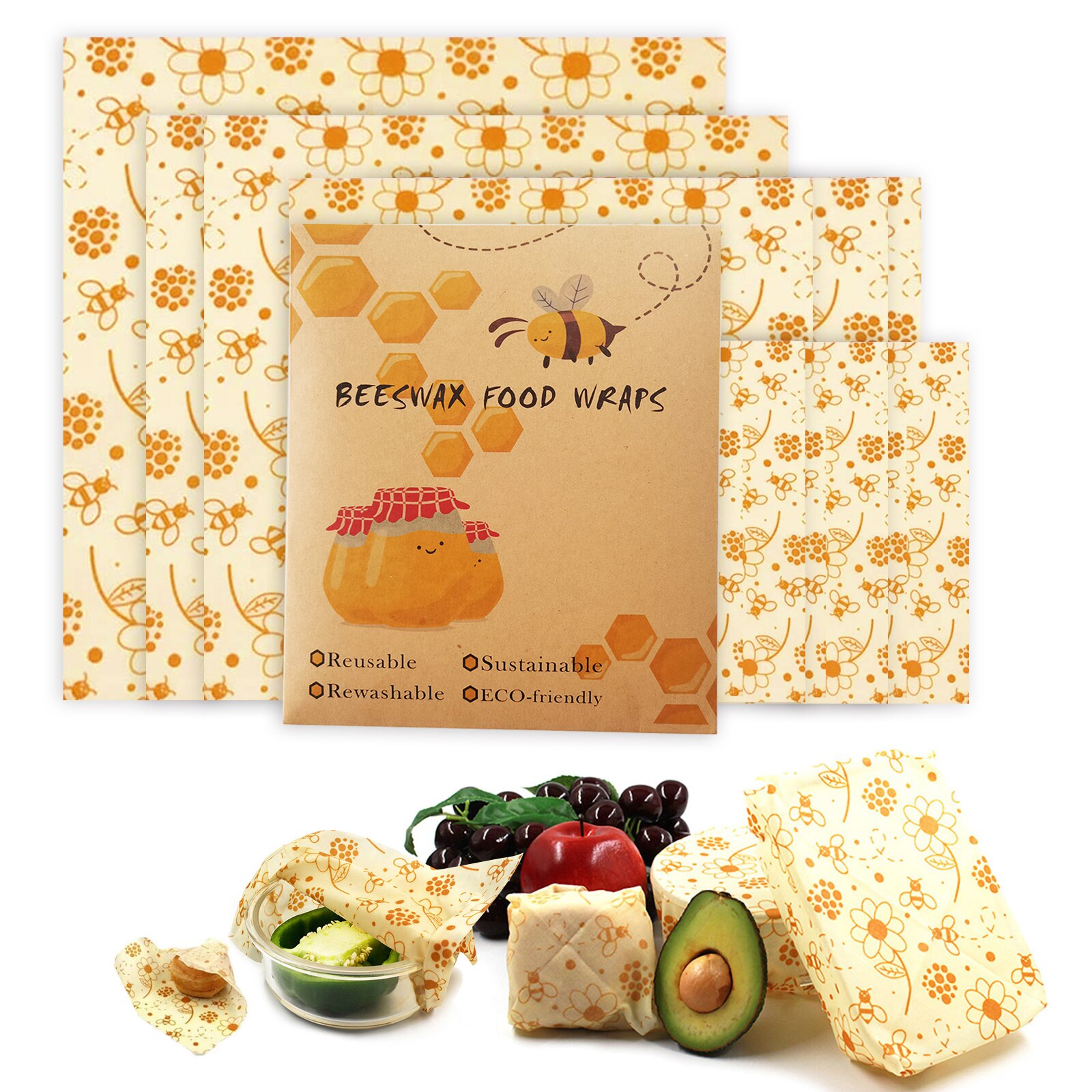 Anjielosmart Reusable Food Wraps Roll custom food wrapping Wrap Eco Friendly Sustainable beeswax wrap for Food Storage: 5pcs bees