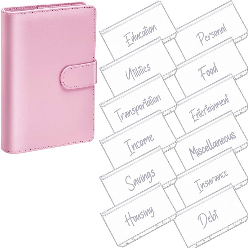 A6 PU Leather Notebook Magnetic Personal Planning Binder with 12 Binder Pockets Binder Zipper Folder for Bill Planning: Pink