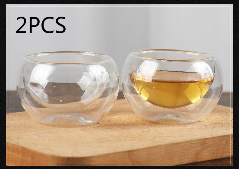 High Borosilicate Heat-resisting Glass Small Double Wall Tea Cup Originality Transparent Double Wall Kungfu Teacup Capacity 50ML: 2PCS