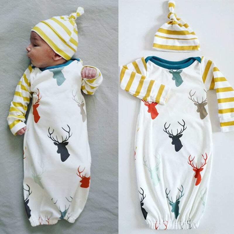 Nyfødt spædbarn baby piger dreng sovende pyjamas rober afslappet nattøj + hat søde hjorte outfits baby drenge 0-12m: 4-6 måneder