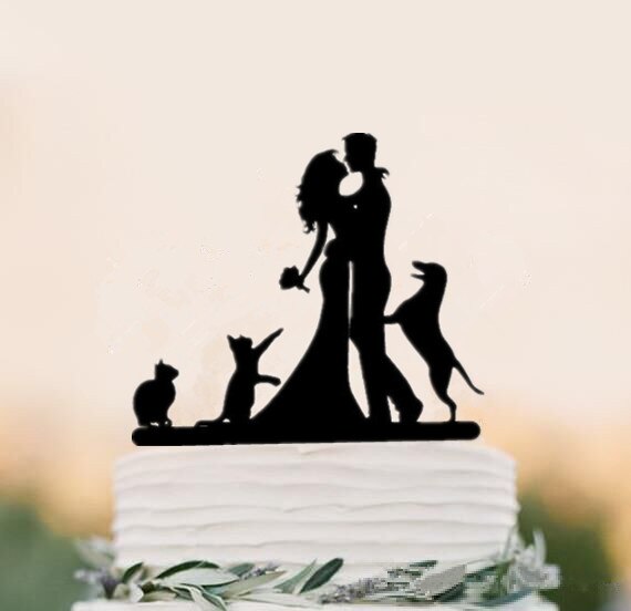 Blandet stil sort akryl brud og brudgom silhuet med kæledyr hund kat mr & fru toppers til bryllupskage dekorationstilbehør: Stil 1