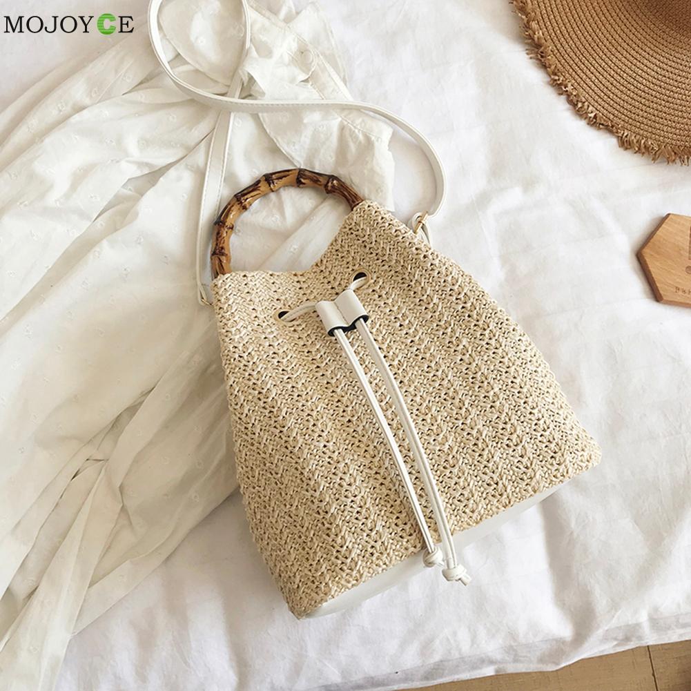 Straw Rope Woven Drawstring Shoulder Pouch Women Handmade Woven Bohemian Summer Beach Vacation Top-handle Bucket Handbag