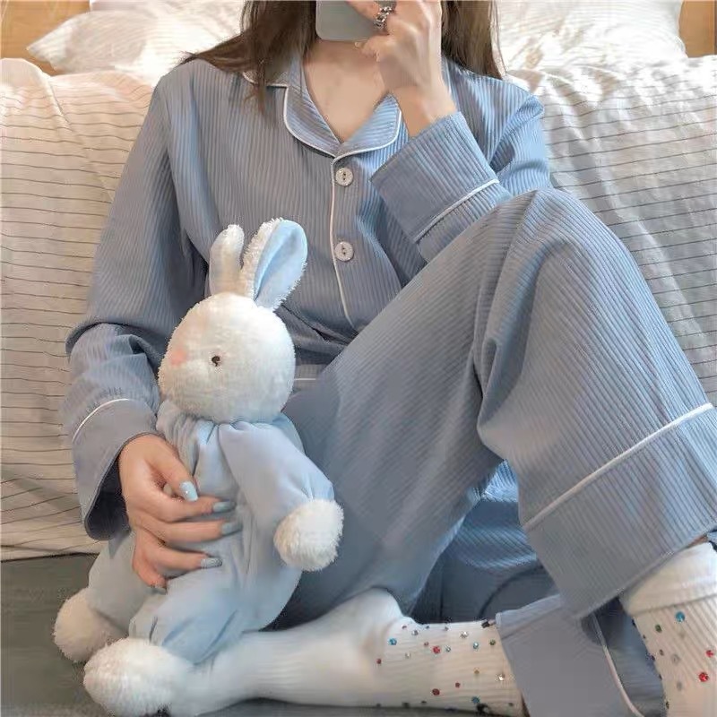 Women's Imitation Cotton Pyjamas Homewear Set Girls Spring and Autumn Pajamas Homewear Ladies Long-Sleeved Cardigan Homewear: XL / Blue