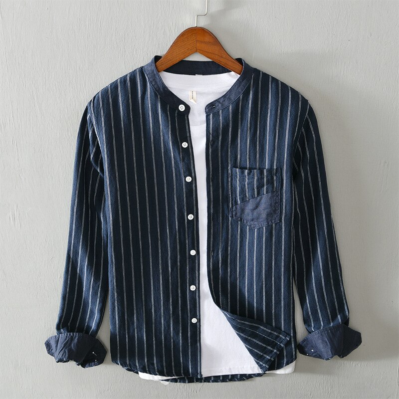 Heren casual katoenen linnen gestreept overhemd enkele opgestikte zak lange mouw standaard pasvorm comfortabele dikke overhemden met knoopjes  y3392: Marineblauw / Xxxl