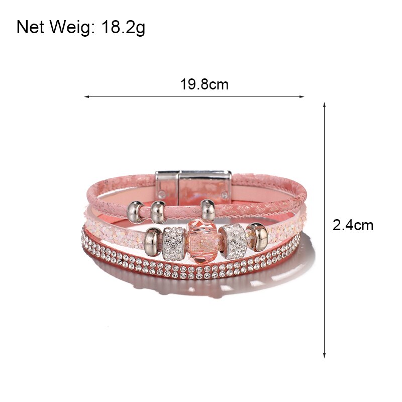 Amorcome Shiny Crystal Charm Leather Bracelets for Women Boho Rhinestone Beads Multilayer Wrap Bracelet Female Jewelry