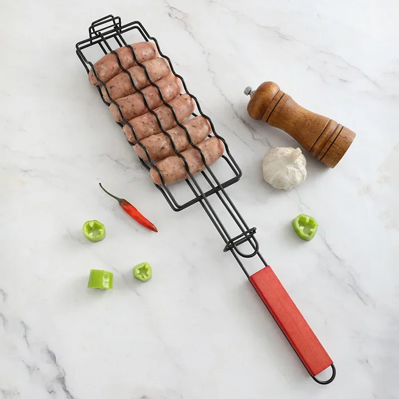 Cesta de grelha de aço inoxidável, ferramenta para churrasco, acessórios para grelhar, rack para cachorro-quente, carne vegetal, bife, camarão, suporte para kabob