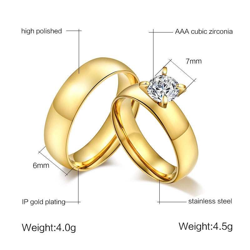 Goud Kleur Wedding Bands Ring Grote Kubieke Zirkoon Paar Ringen Rvs Mannen Vrouwen Engagement Charm Sieraden