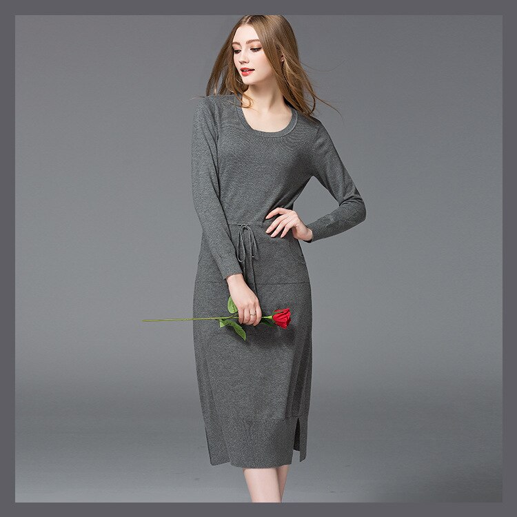 Noble Long Sleeve Knitted Casual Spring Summer Dress Women Evening Party Bodycon Lady Pencil Belt Dresses: Gray / M