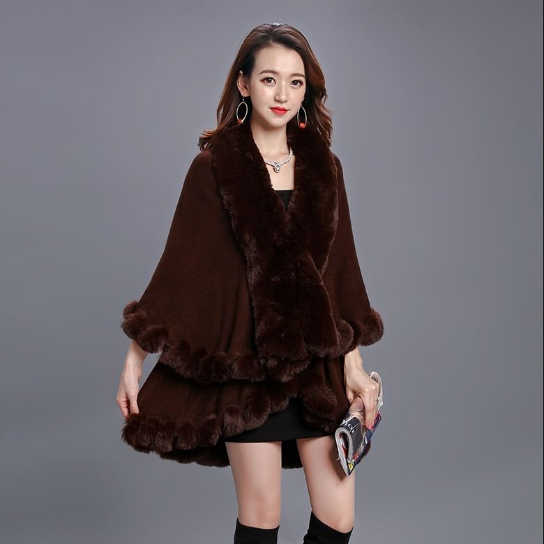 Cárdigan con cuello de piel de conejo sintética para mujer, de 2 capas capa larga, Poncho cálido y suelto, abrigo de invierno, 10 colores: Castaño