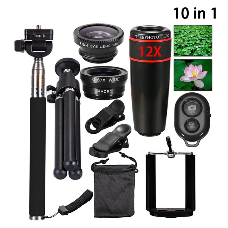 Camera Phone Kit Lens 8x Telephoto Lens Large Angle Macro Fish Eye Selfie Monopod Stick Mini Camera