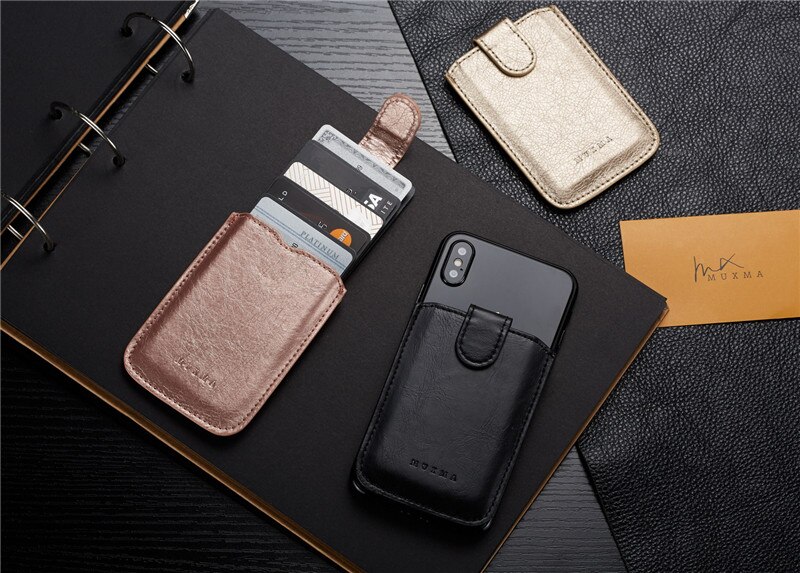 Leather 5 Cards Phone Holder Wallet Credit Card Holder 3M Adhesive Phone Sticker For iPhone Xiaomi RFID Card Pocket Sticker: Random Color