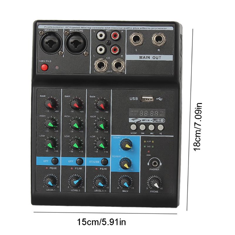 Audio Mixer 4 Channels Bluetooth Sound Mixing Console for Home Karaoke KTV with USB Sound Card Sound Effects