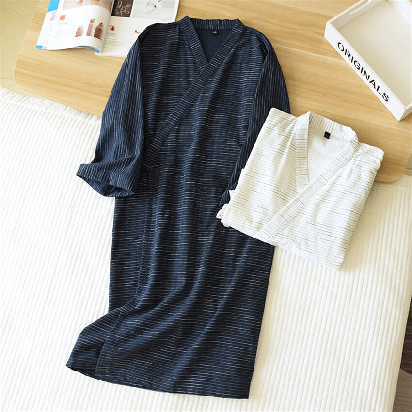 Men 2022 Japanese Style Kimono Cotton Bathrobe Spring Summer Vintage Striped Pajamas Casual Loose Long Sleeve Homewear