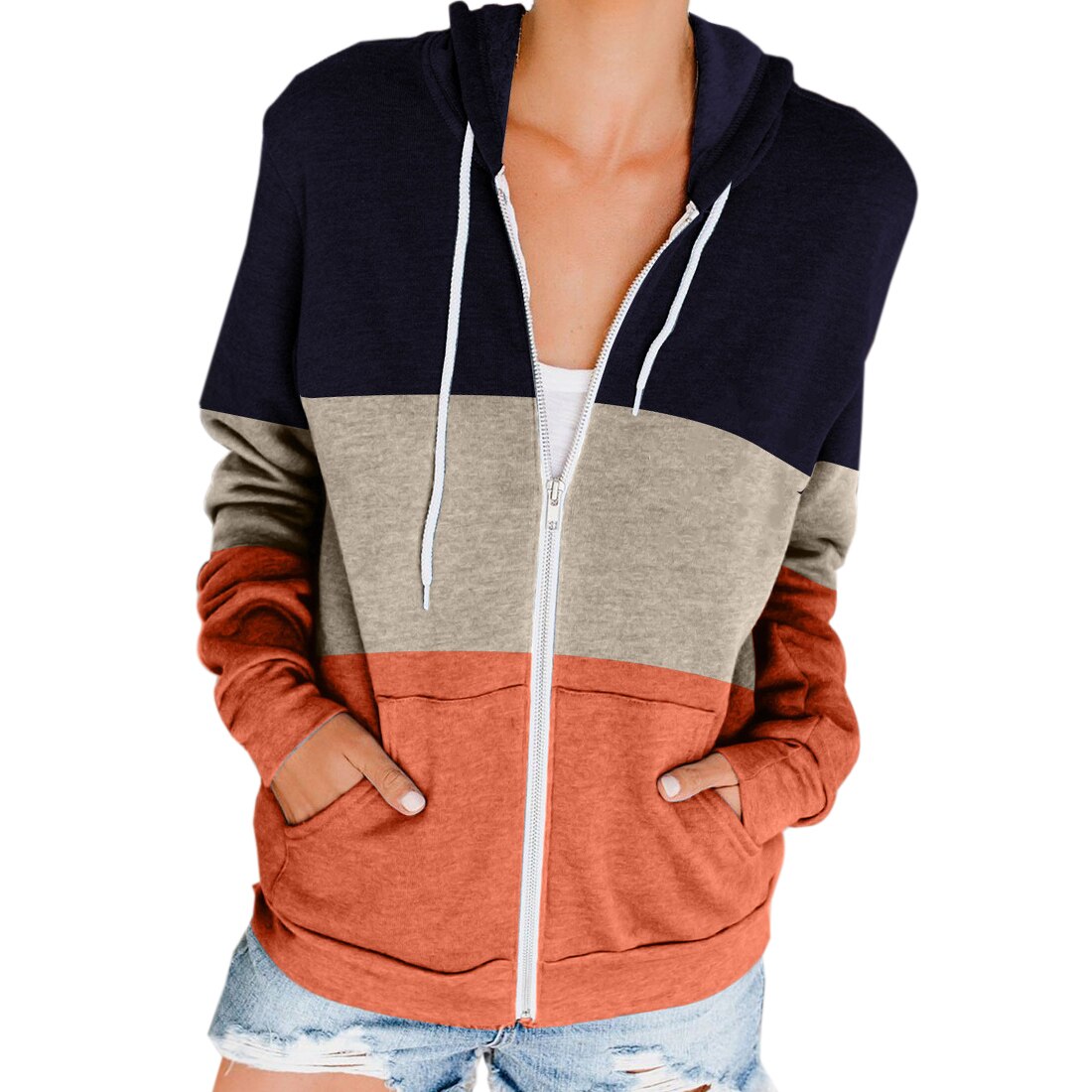 Women's Full Zip Up Hoodie Striped Panel Long Sleeve Sports Hoodie Sweatshirts with Pockets Jacket Coat for Women Arrivals: M / prange