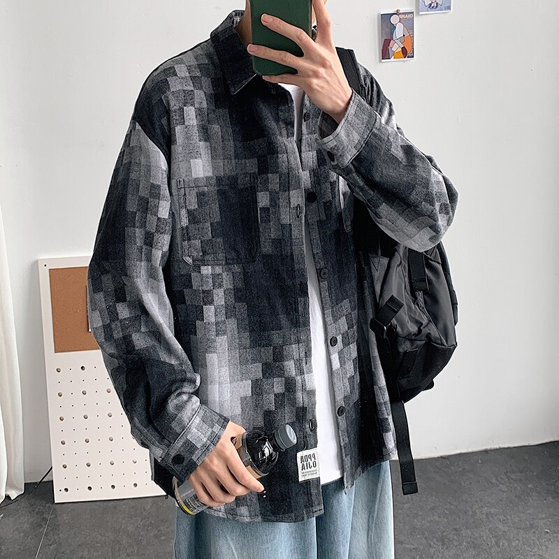 Men Harajuku Color Block Plaid Shirt Mens Streetwear Thick Shirts Long Sleeve Male Vintage Korean Fashions Clothes