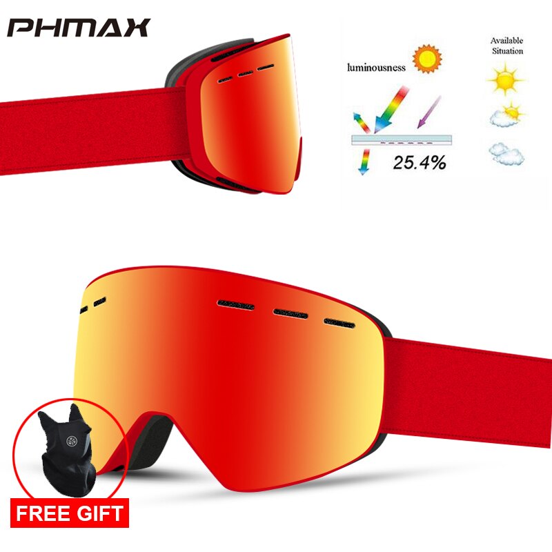 Phmax merkevare 6 farger skibriller dobbeltlag  uv400 anti-tåke butikk skimaske briller ski menn kvinner snøbrettbriller: P-xj -0201