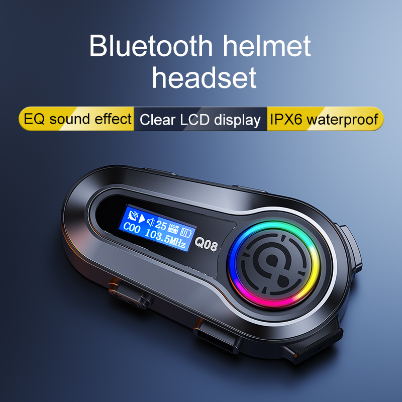 Q08 Motorcycle Helmet Bluetooth Headset EQ Sound Effect HD LCD Display IPX6 Waterproof Stereo FM Radio Stable Signal Headphone