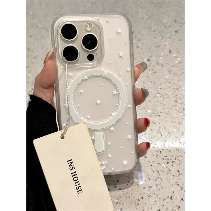 Korea's cute magnetic stand Tok cartoon star Angel Wings Magsafe phone case for iPhone 16 15 14 13 Pro Max mirror back cover: Black / IPhone 15