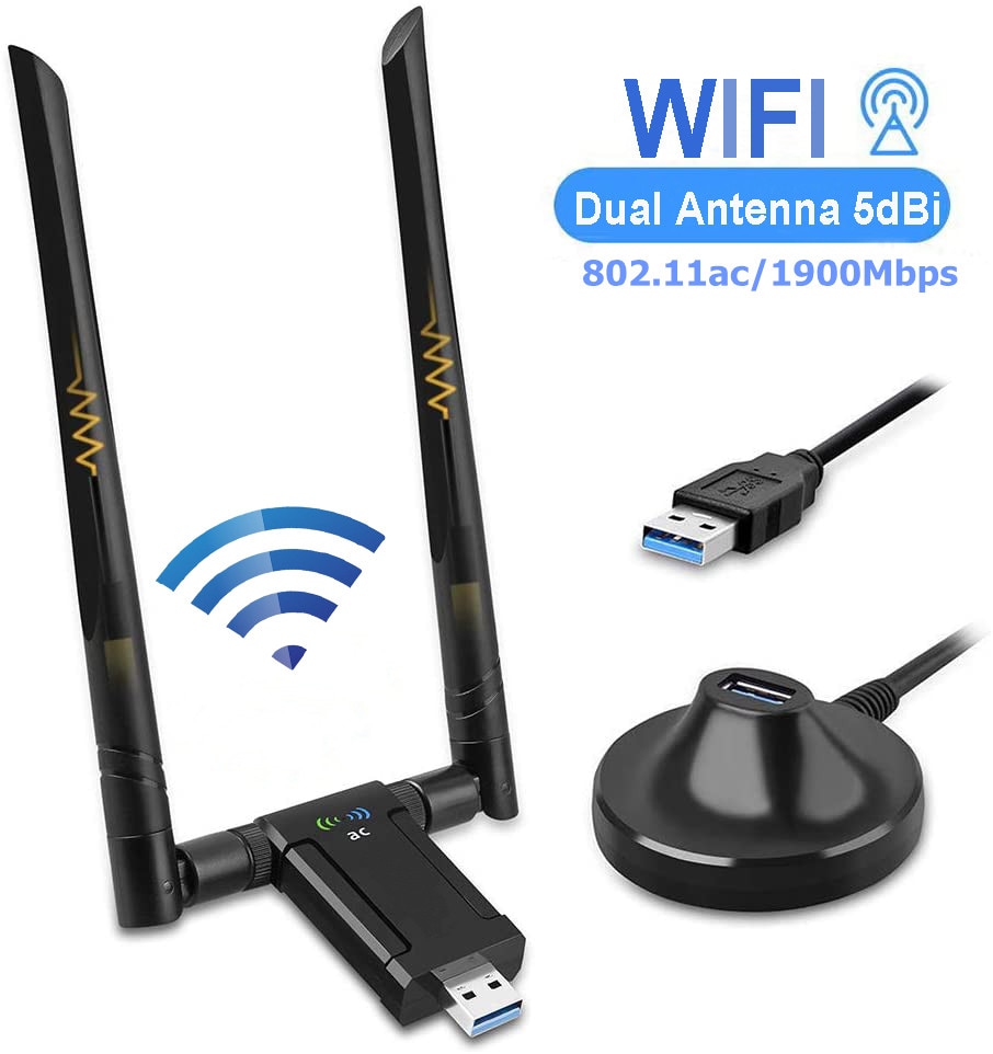 Kuwfi 1900mbps usb adaptador wi fi banda dupla 5dbi wifi antena usb3.0 placa de rede sem fio para computador desktop lapt