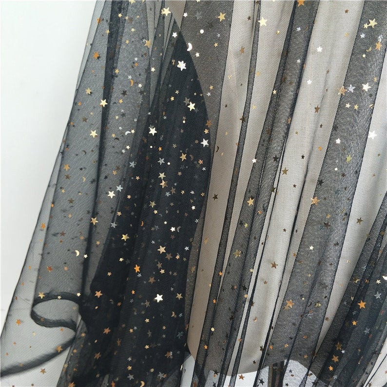 5 yards off white black tulle lace fabric with gold silver stars, bridal gown wedding dress fabric veils tutu dress 150cm wide: black gold star
