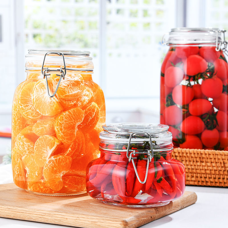 Botella de vidrio sellada para cocina, tarro de almacenamiento para alimentos, pepinillo, fruta enlatada, transparente, boca grande, para el hogar
