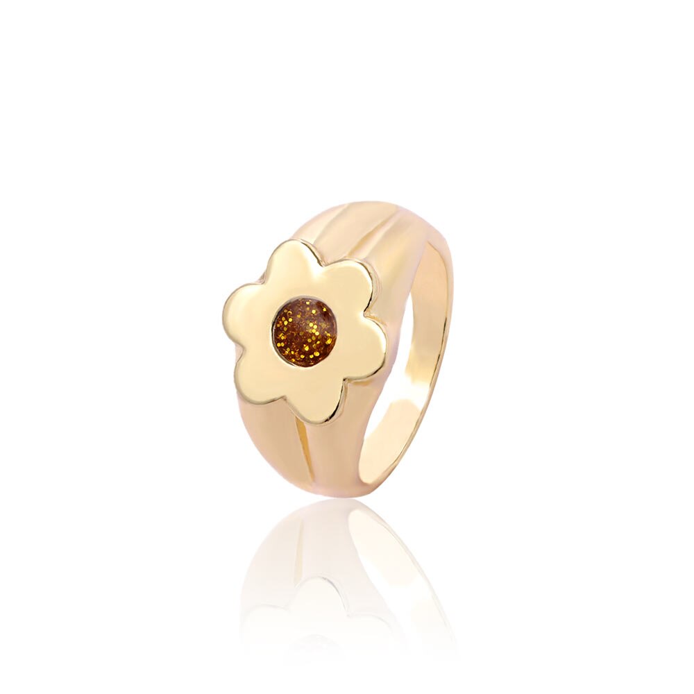 Flatfoosie Neue Koreanische Blume Metall Ringe für Frauen modisch Gold Farbe Emaille Blume Geometrische Index Finger Ringe Partei Schmuck: 010303YW