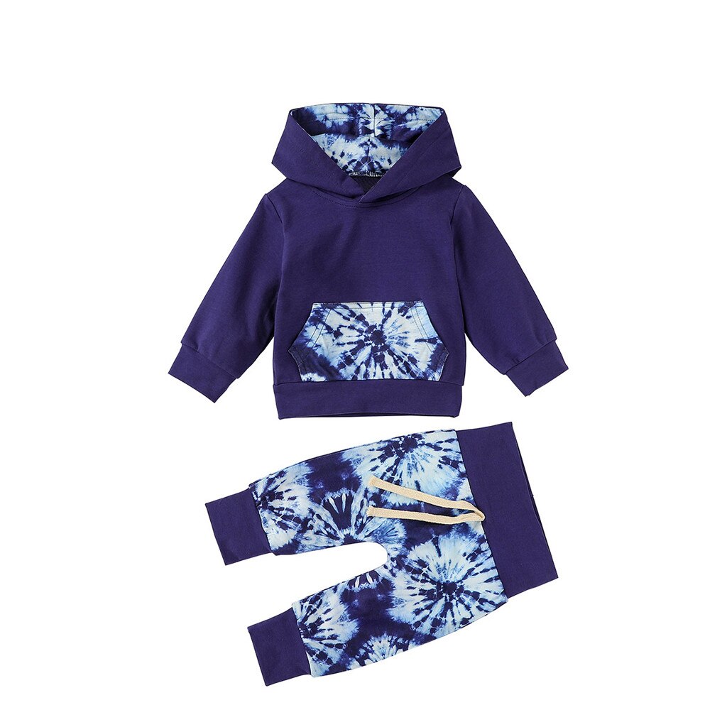 baby boy clothes set Infant baby girl clothes set Tie-Dye Hooded Sweatshirt Pants Outfits Set baby boy clothing #C: Blue / 24M