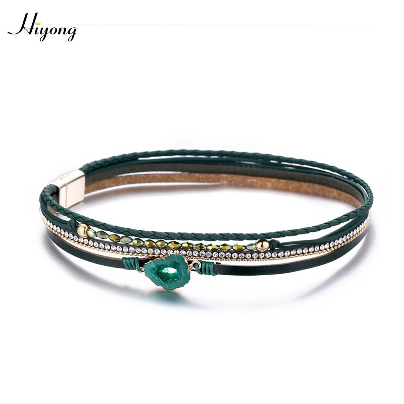HIYONG Green Multilayer Leather Bracelet Vintage Magnet Buckle Bracelets Crystal Rhinestone Wrap Bracelet Boho Female Jewelry