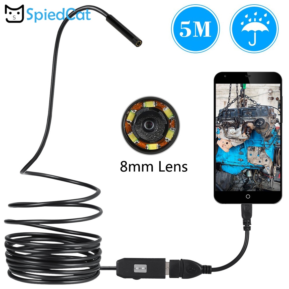 Spied Kat Mini 8Mm Lens 6LED Android Usb Endoscoop 5M Zachte Kabel Snake Auto Reparatie Pijp Inspectie Android usb Borescope Camera