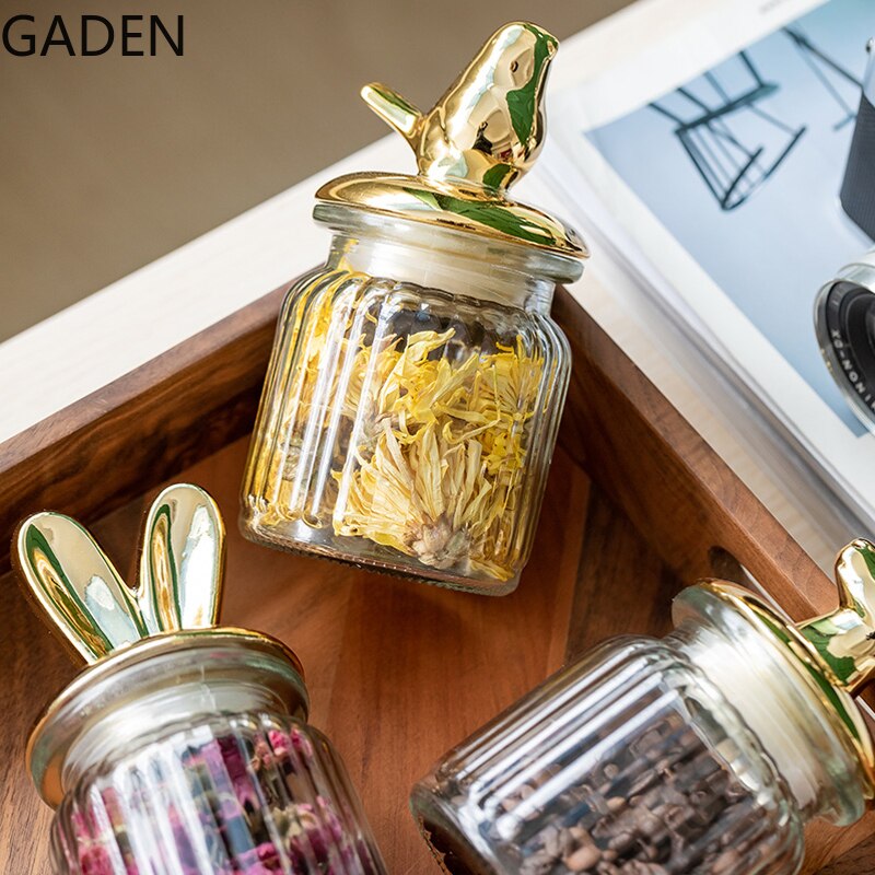 Transparent Glass Storage Jar Golden Ceramic Lid Cute Snack Tea Storage Food Grade Candy Jar Kitchen Storage Supplies