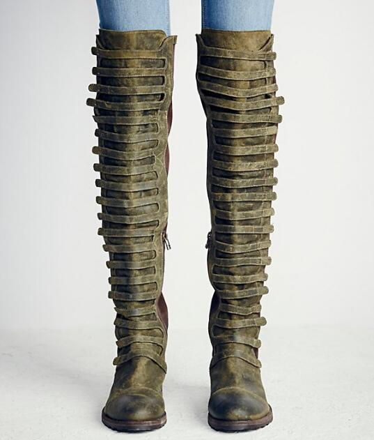 Top Army Green Long Boots Women Punk Style Flat Motorcycle Boots Patchwork Stretch Over The Knee Boots Womens