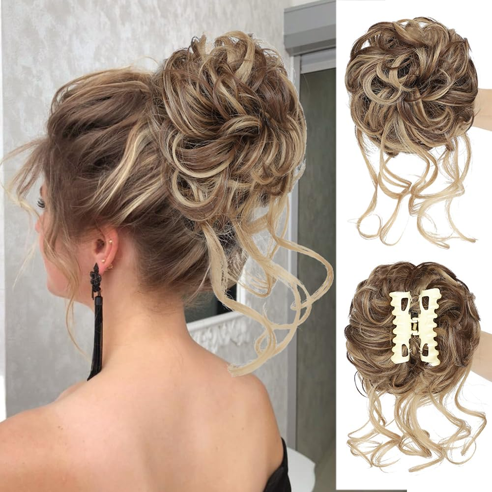Synthetic Messy Bun Hair Piece Claw Clip Tousled Updo Hair Buns Hairpiece Extensions Curly Faux Bun Hair Pieces for Women: 4/27HL