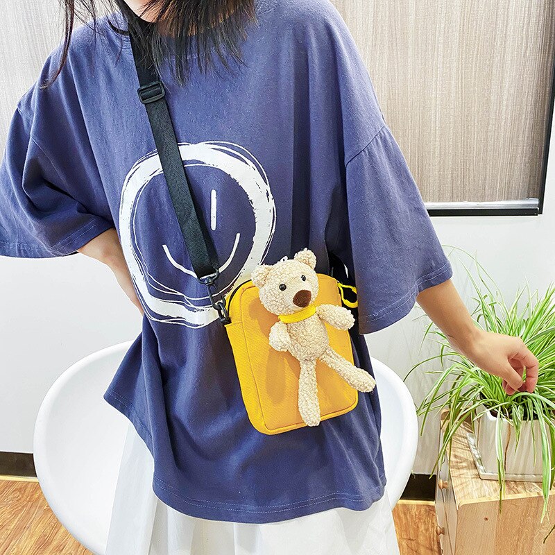 Hair bear canvas bag female trendy cute student chest bag ins shoulder bag messenger waist bag