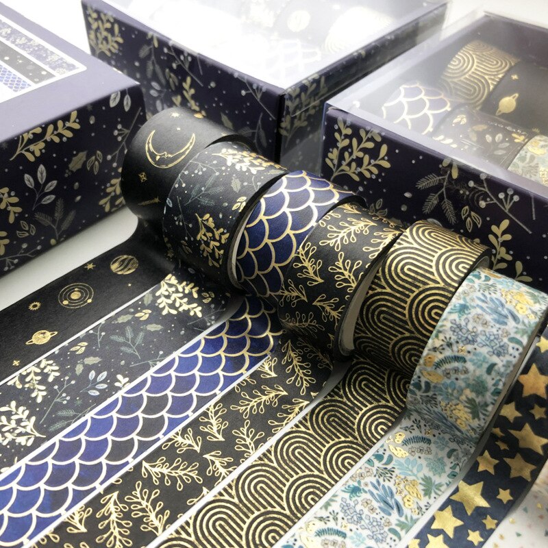 Conjunto de cintas adhesivas para decoración, papel japonés adhesivo en color oro celosía con figuras geométricas, compatible con libro de recortes, accesorios de papelería, set de 10 unidades