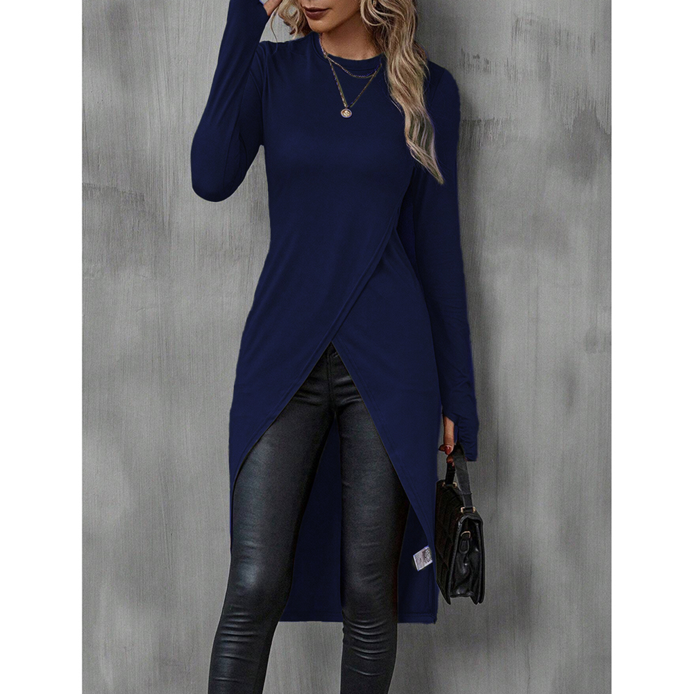 Mia Muse Camisetas de otoño para mujer, camisetas francesas decentes lisas de manga larga con cuello redondo, camisetas largas de calle: XS / Azul marino