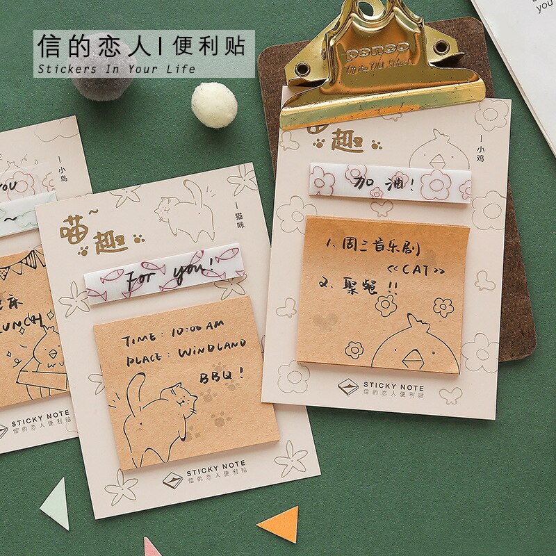 40 Stks/partij Lakmoes Paper Note Pad Stivky Note Retro Kawaii Kleine Kitten Vogel Patroon Sticky Notes Kawaii Briefpapier Memo