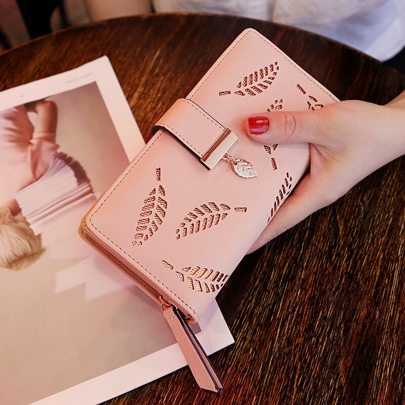 Portafoglio donna borsa in pelle PU portafoglio lungo femminile oro foglie vuote borsa borsa per donna portamonete portamonete frizione: Colore rosa