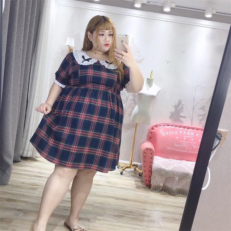 Vestido de verano de talla grande de Lolita para mujer, de chica gordito, dulce Loli, estampado a cuadros, encaje, manga corta, Xl-5xl