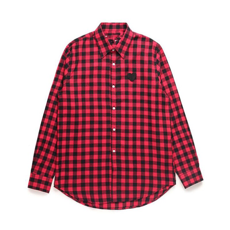 (Hebben Ogen) mannen Vrouwen Shirt Lente Zomer Dunne Liefde Borduren Bijpassende Plaid Revers Single-Breasted Lange Mouwen Katoenen Shirt: Bruin / L