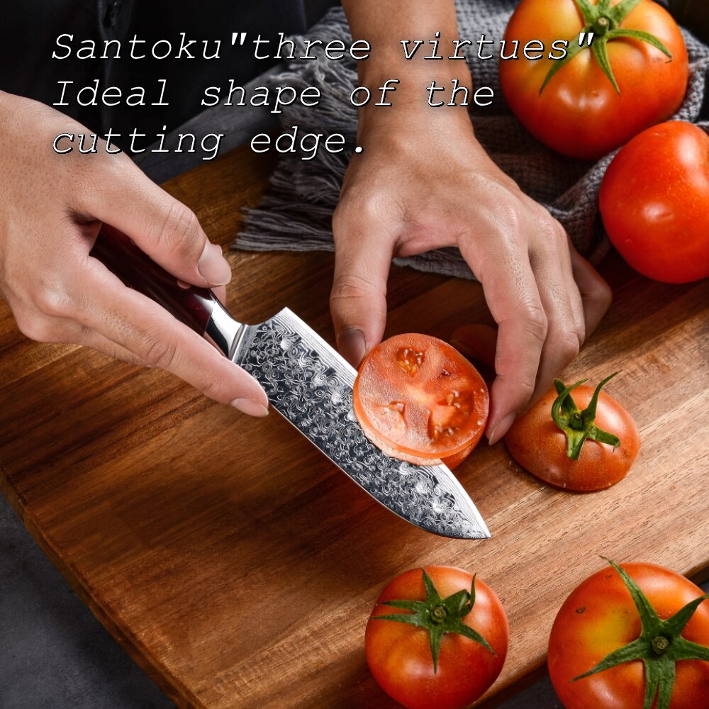 3 Stuk Koksmes Set Japanse Keukenmessen Santoku Utility Koken Butcher Gereedschap 67 Lagen Damascus Staal Rood Hout handvat
