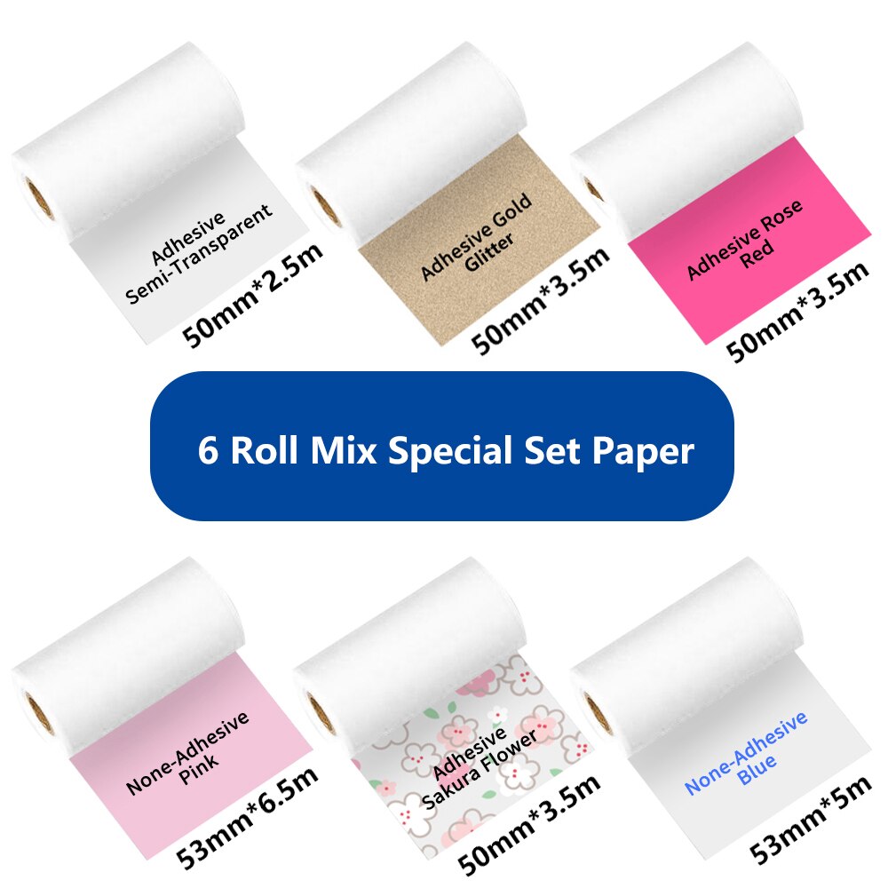 Papier termiczny Phomemo kartki samoprzylepne kolorowa naklejka na M02/M02S/M02Pro etykieta samoprzylepna rolki szerokość 50/53mm naklejka termiczna papier: 6 Rolls Set M02