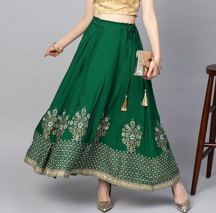 Disfraz de Sarees de la India para mujer, falda de algodón verde, estilo étnico, para baile, primavera y verano,