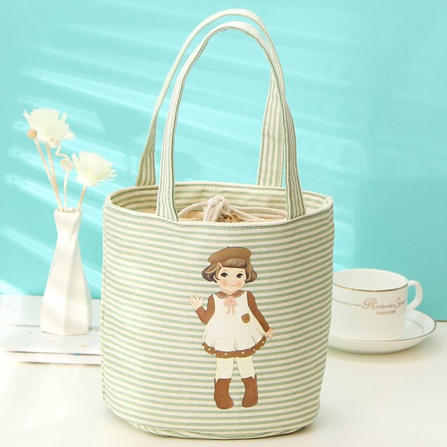 Cute Girl Cylindrical Lunch Bag Students Round Lunch Box Bag Waterproof Insulation Circular Drawstring Food Thermal Cooler Tote: green