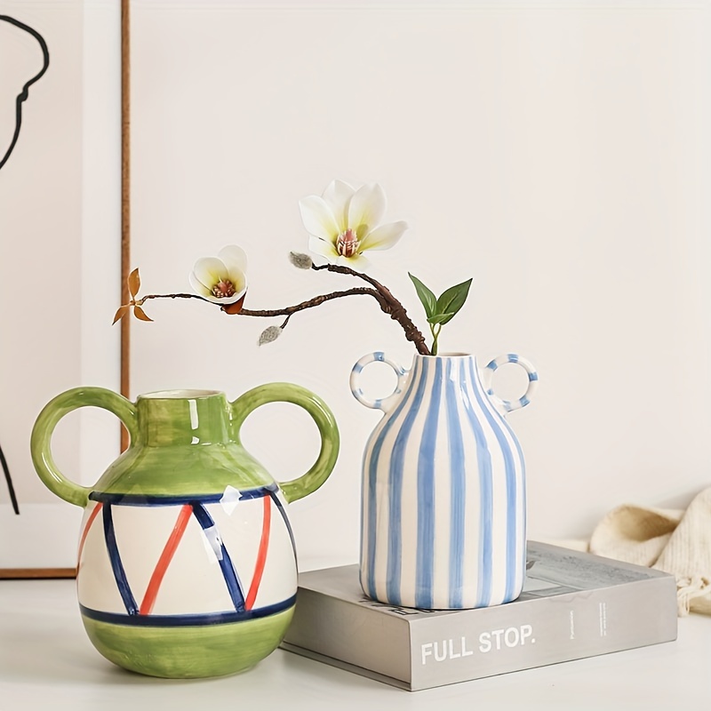 Jarrón de cerámica pintado a mano con asas dobles, de cilindro a rayas para decoración de sala de estar, terraza, adornos decorativos